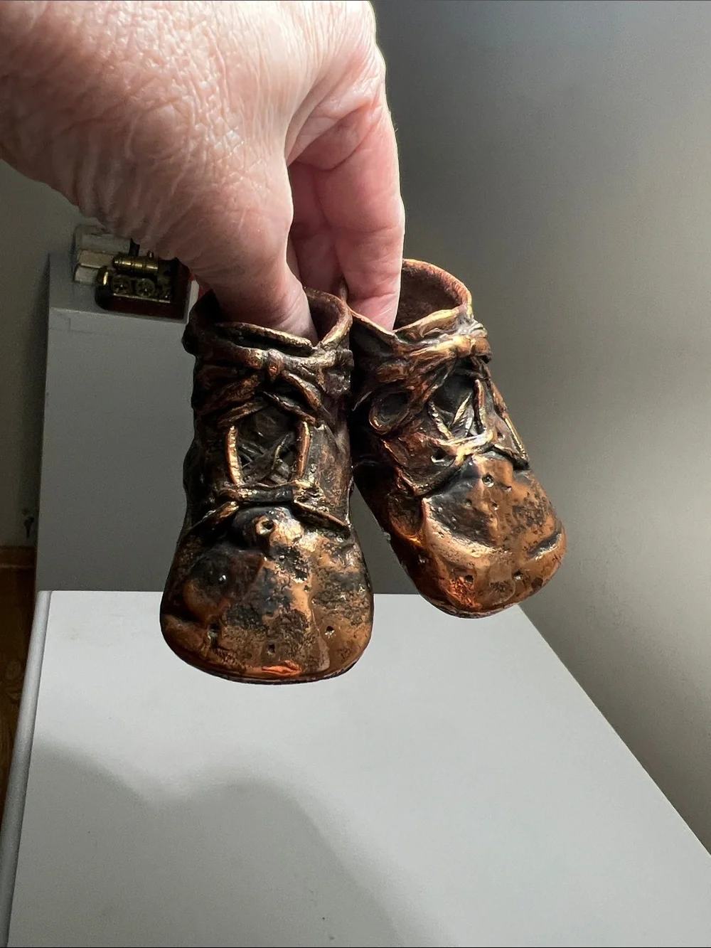 Bronzed Antique Classic Baby Walker Shoes Figurine in Metallic Brown - Vintage